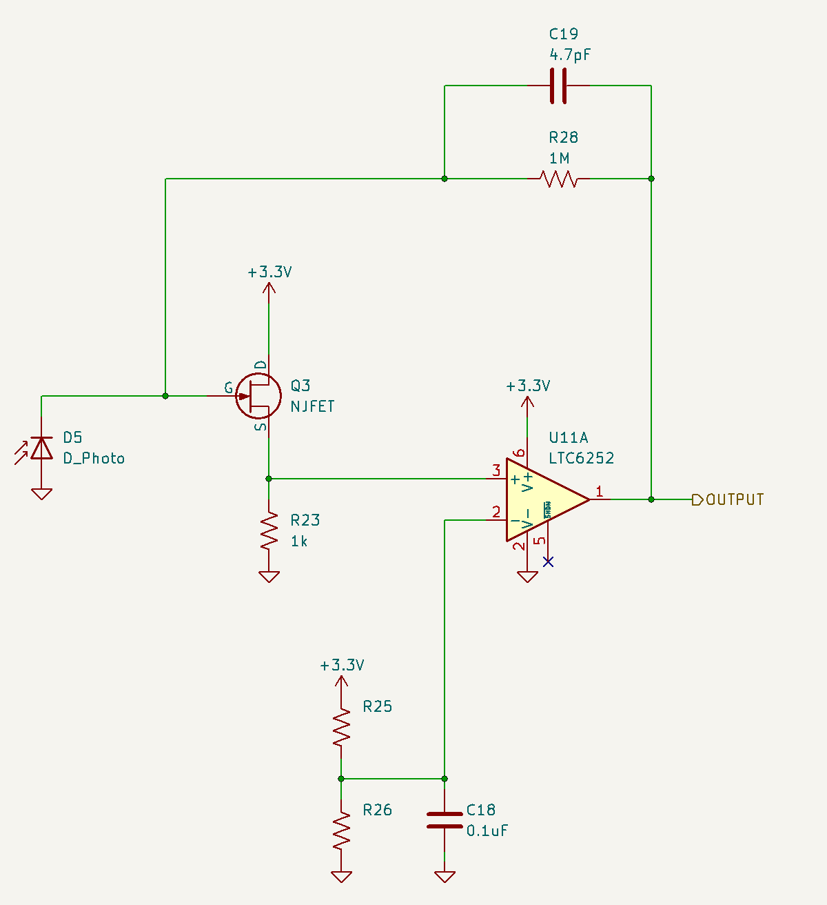 Schematic snippet.  Common-drain photodiode amplifier consisting of a JFET and and operational amplifier.