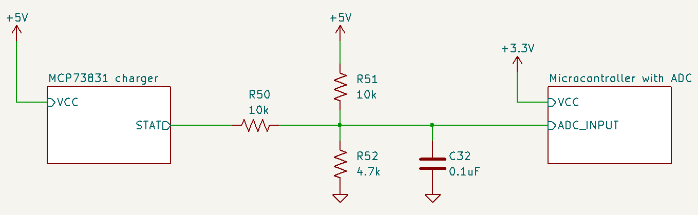 diagram for a level shifter between MCP73831 and a microcontroller with an ADC