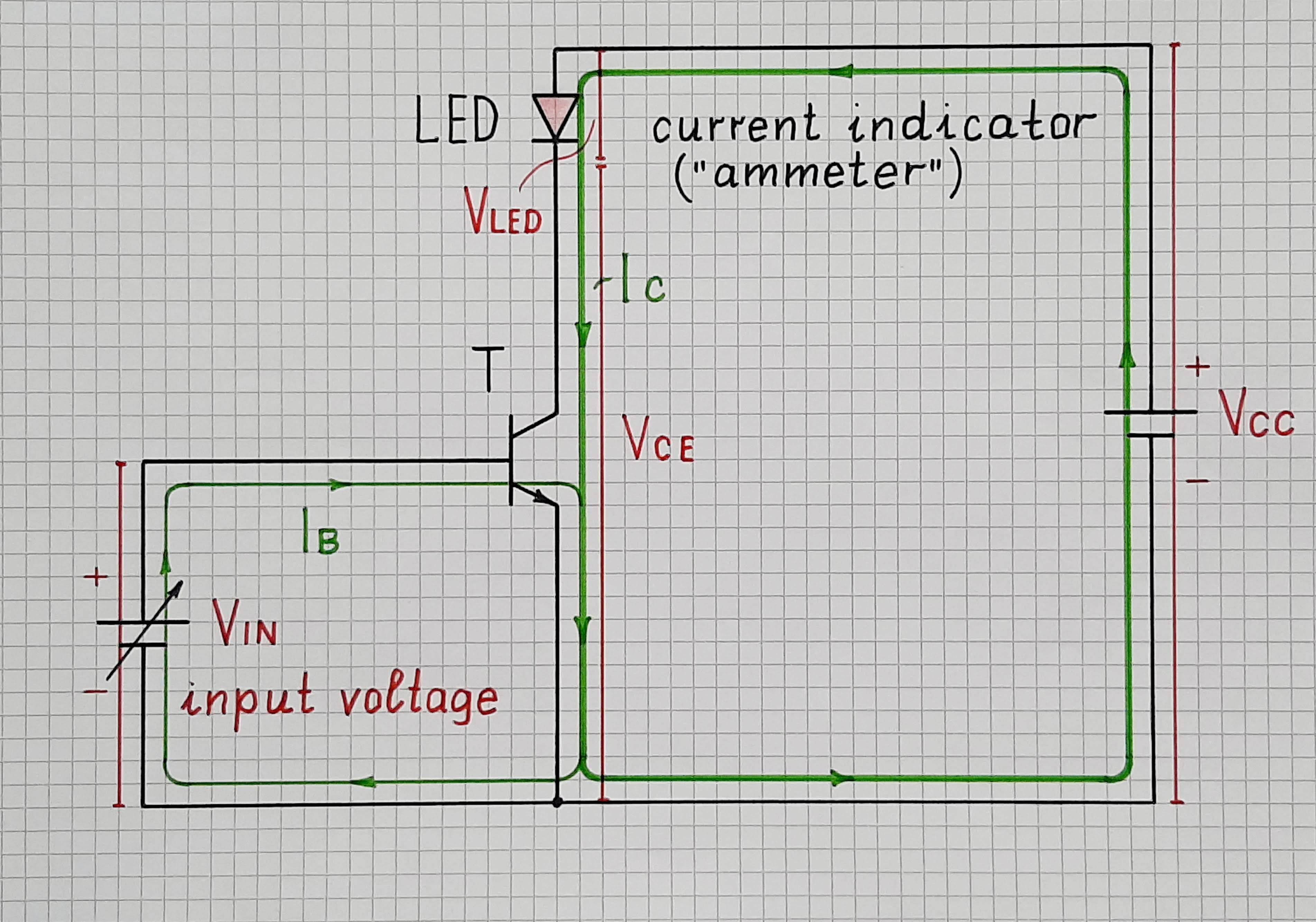 Transistor amplifier with a current output indicated by an LED