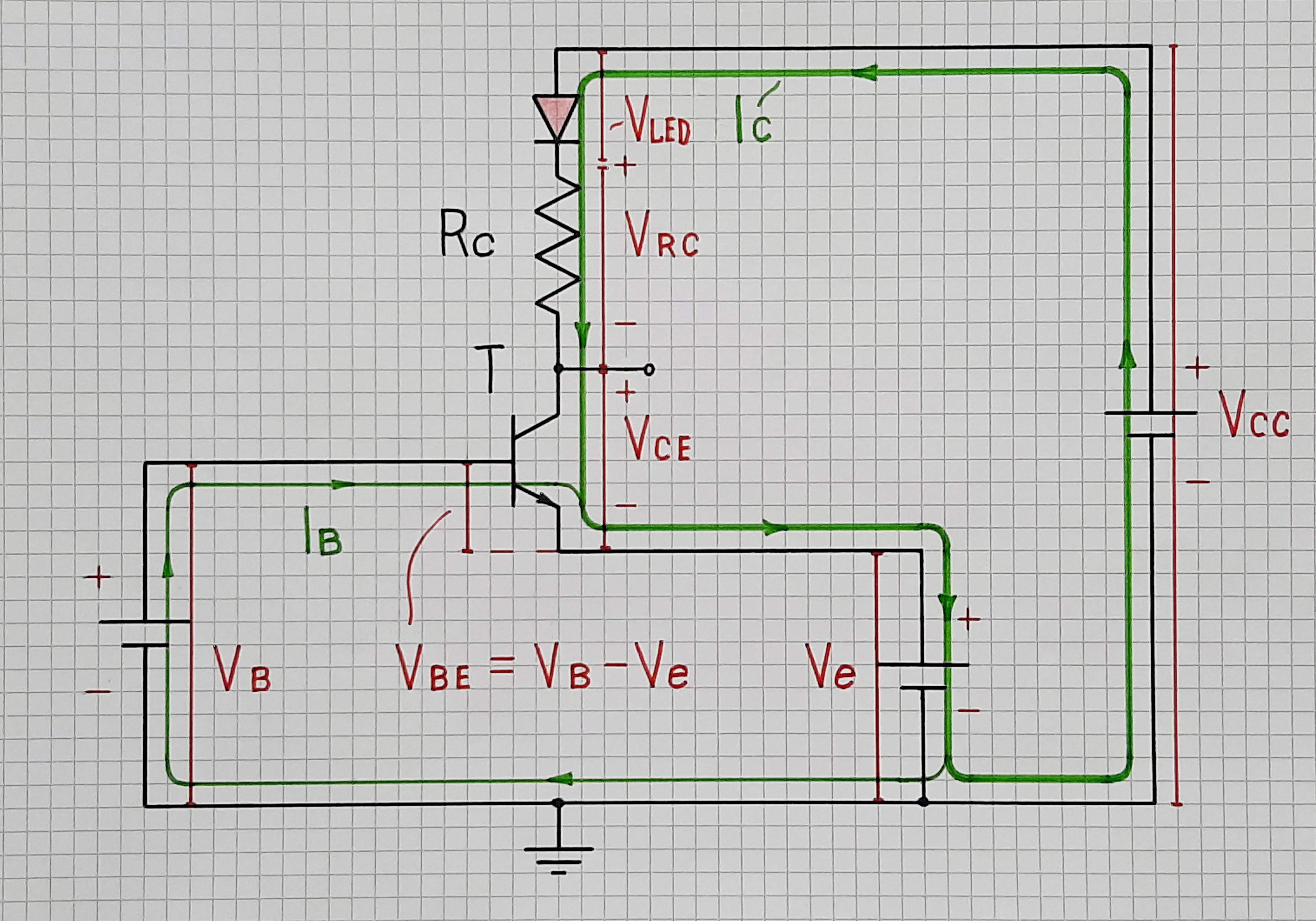 Transistor amplifier with two input voltages and a voltage output; the current is still indicated by an LED