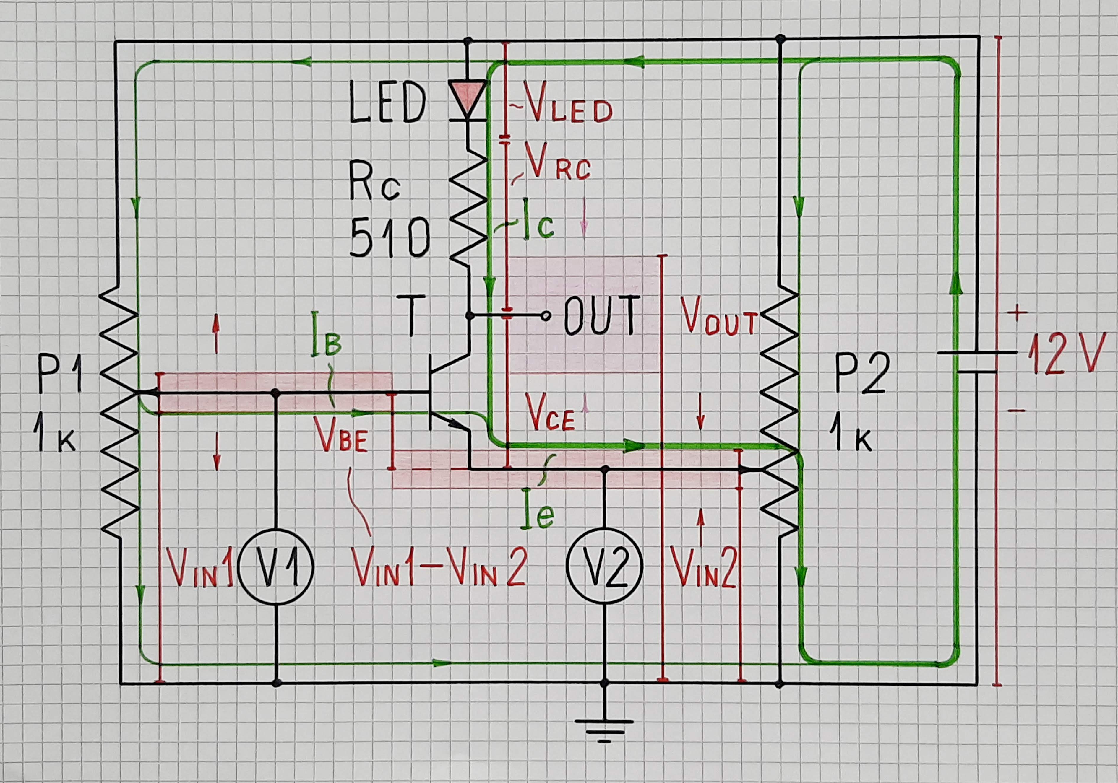 Investigating a transistor stage by applying both base and emitter inpout voltages (differential mode)