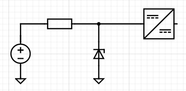Example circuit: a DC power source, resistor, zener diode, and DC/DC-converter. The resistor and zener diode form a typical voltage regulator for the DC/DC-converter, to limit the