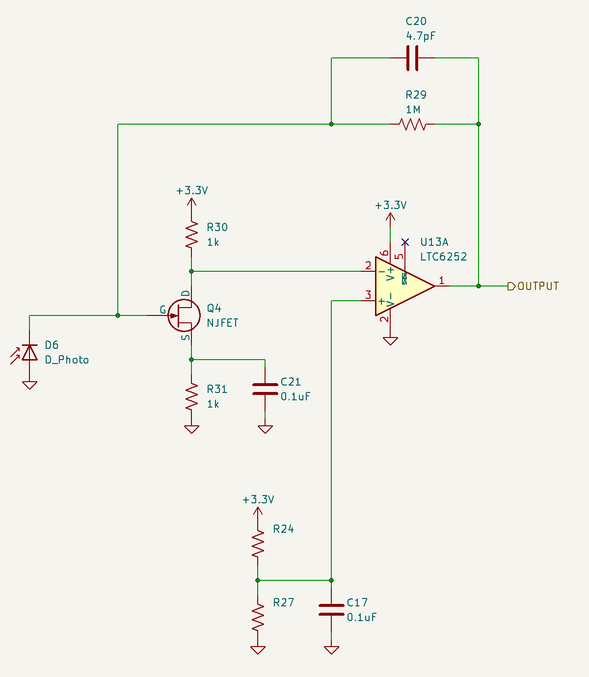 Schematic snippet.  Common-source photodiode amplifier consisting of a JFET and and operational amplifier.