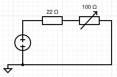 Circuit of a DC voltage source with a 22 Ohm constant resistor and 100 Ohm potentiometer in series.